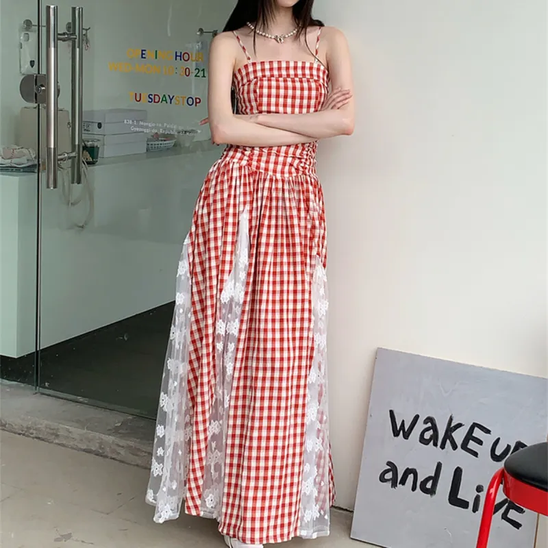 XIAOJUCHUANLI Slip Dress Women's Red And White Plaid-4