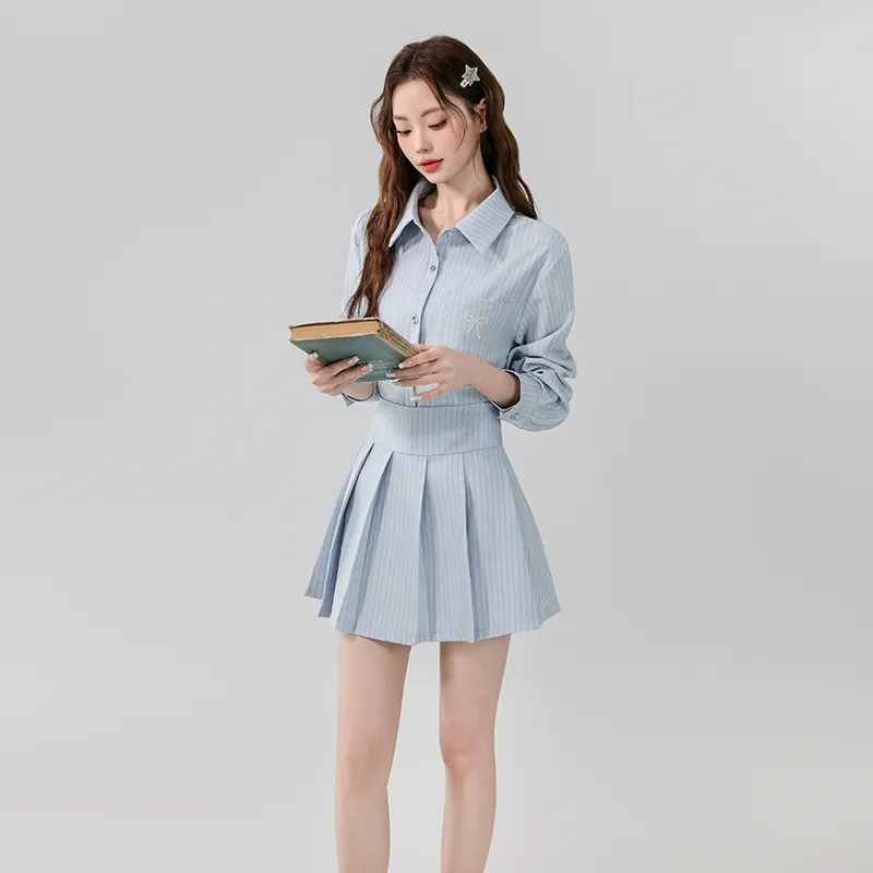 XIAOJUCHUANLI Skirt Set Women's Light Blue Stripes-3