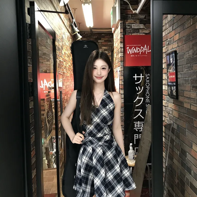 XIAOJUCHUANLI Sleeveless Dress Women's Black White Plaid-2