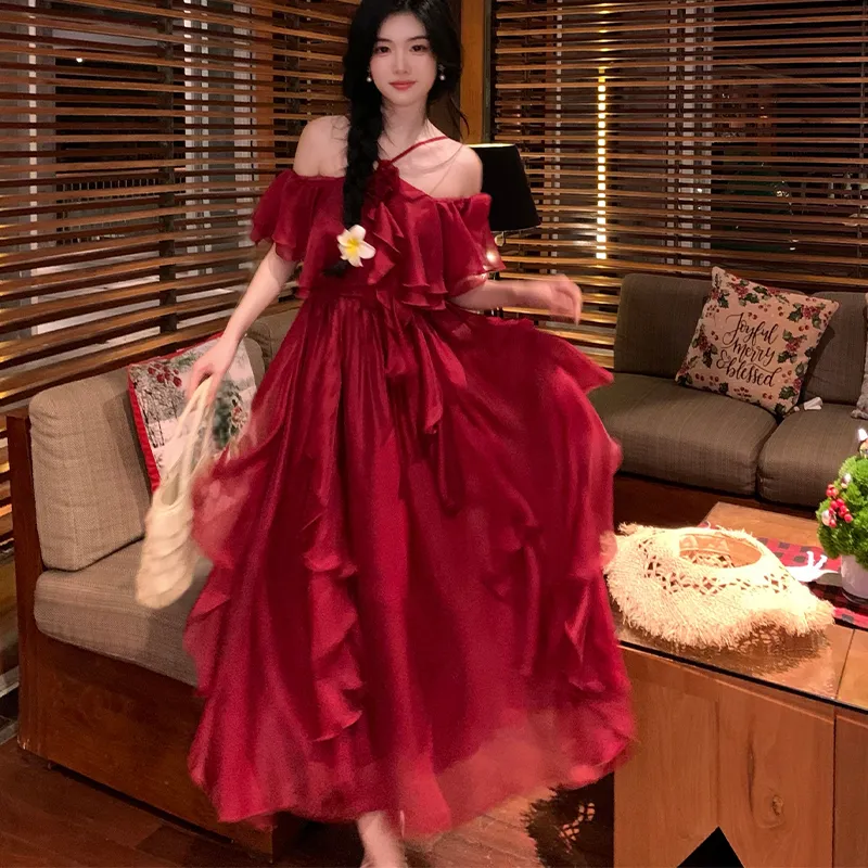 XIAOJUCHUANLI Short Sleeved Dress Women's Red-2