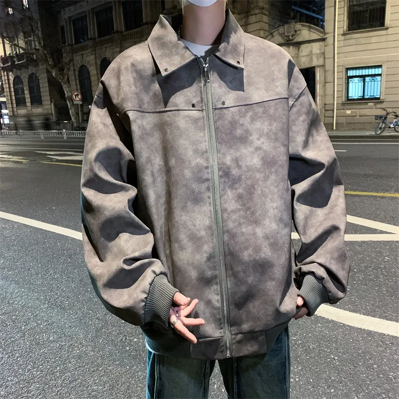 American Vintage Cleanfit Lapel Trendy Brand Maillard Style Leather Jacket, Exquisite Casual Minimalist Style Unisex-9