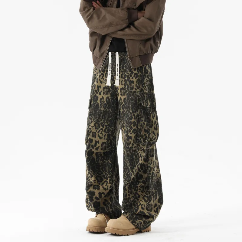 RICE NINE TEN Jeans Unisex Leopard Print Coffee-1