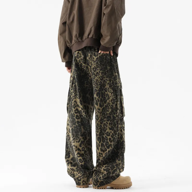 RICE NINE TEN Jeans Unisex Leopard Print Coffee-3