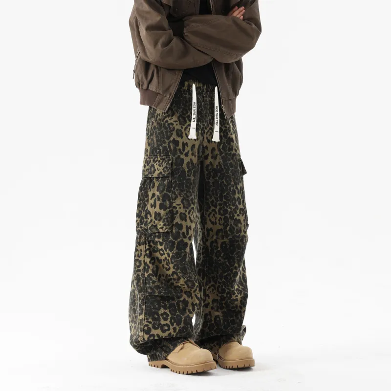 RICE NINE TEN Jeans Unisex Leopard Print Coffee-2