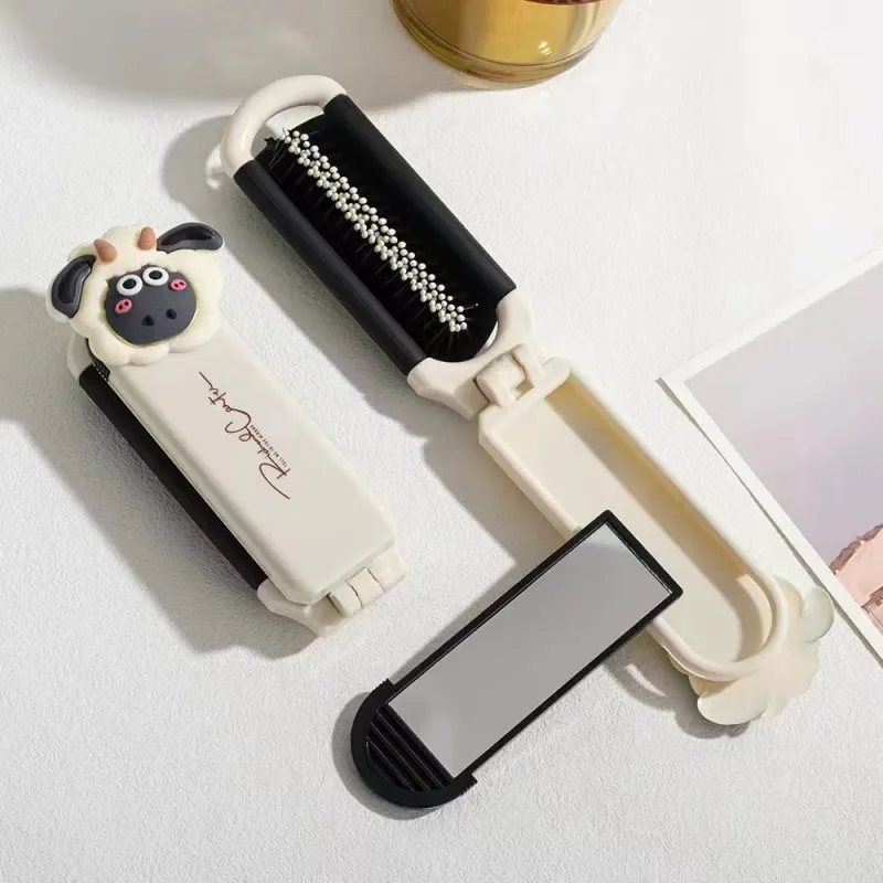 JOYTOUR Milk White Foldable Mini Comb With Mirror Portable And Compact Air Cushion Design Hairdressing Tool-4