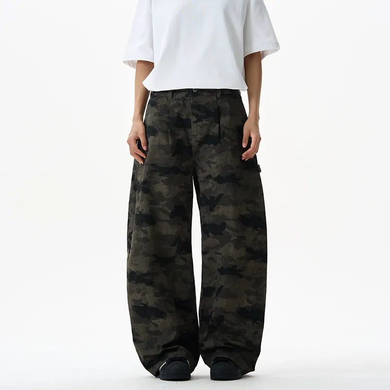 LANGWEIZHE Patchwork Design Premium Woodland Pants Versatile Loose Fit Scimitar Jeans Unisex-2
