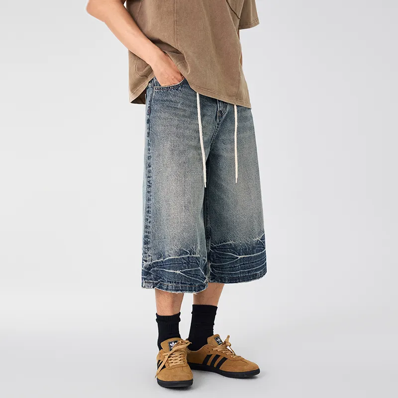LANGWEIZHE Denim Shorts Unisex Nostalgic Blue-3