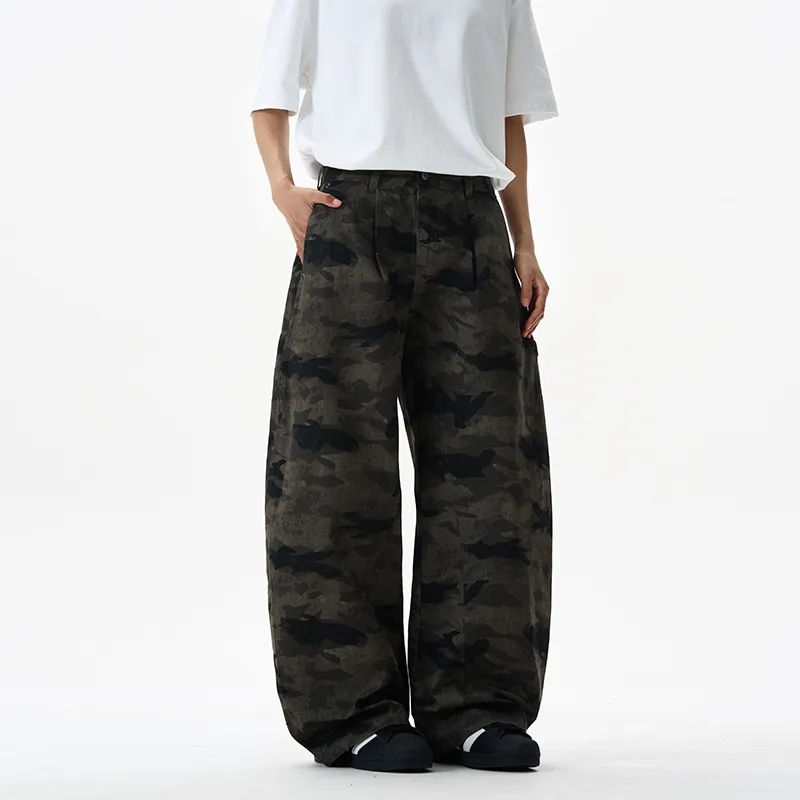 LANGWEIZHE Patchwork Design Premium Woodland Pants Versatile Loose Fit Scimitar Jeans Unisex-3