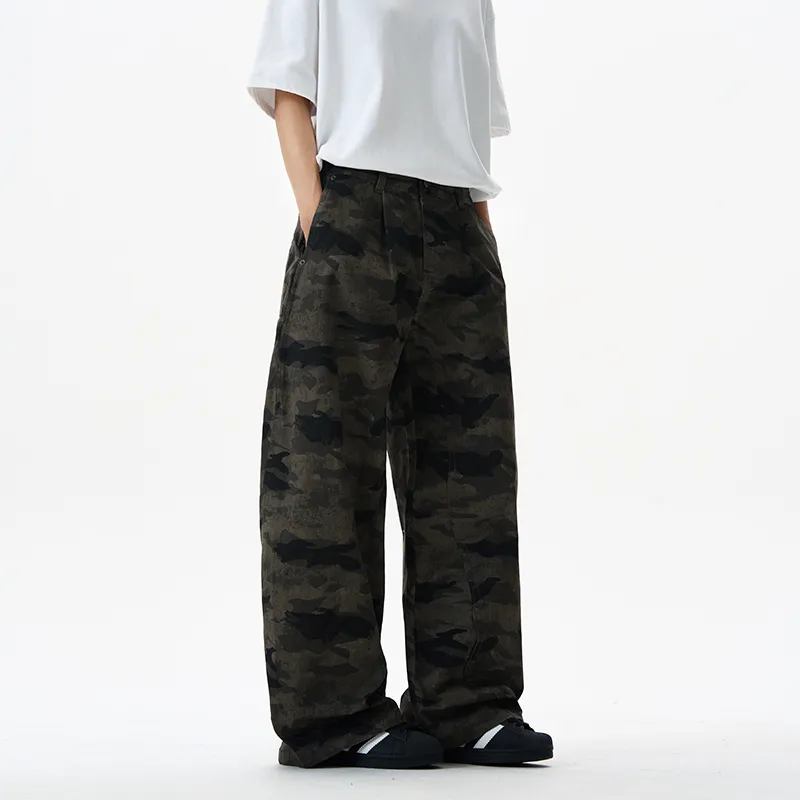 LANGWEIZHE Patchwork Design Premium Woodland Pants Versatile Loose Fit Scimitar Jeans Unisex-5