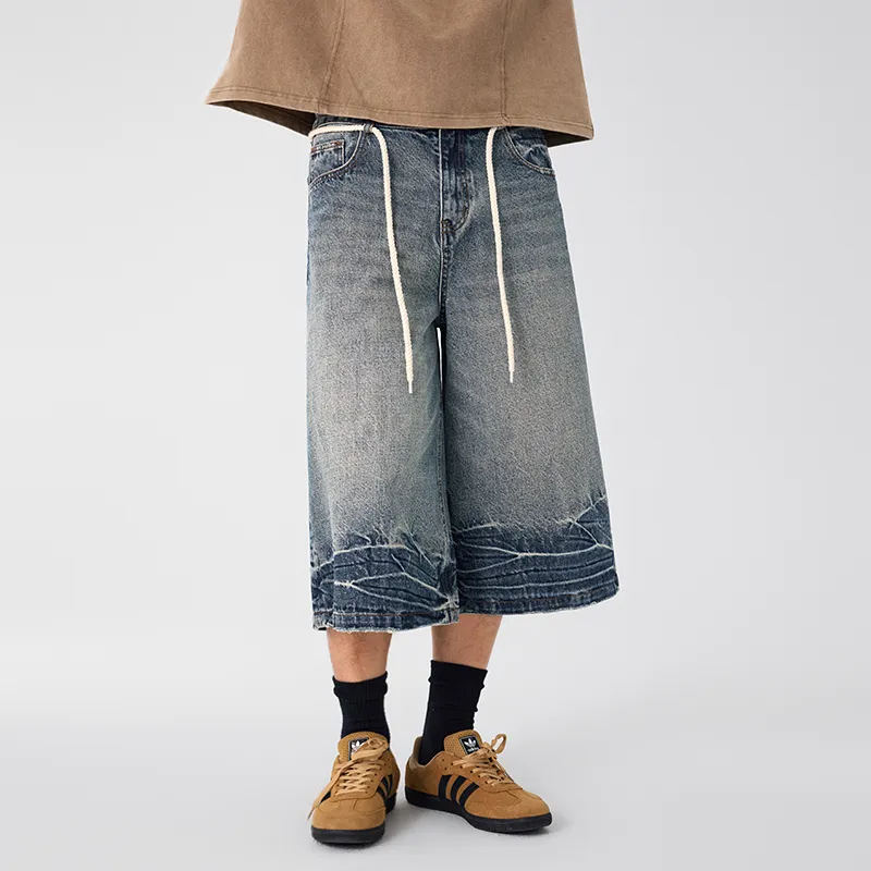 LANGWEIZHE Denim Shorts Unisex Nostalgic Blue-4