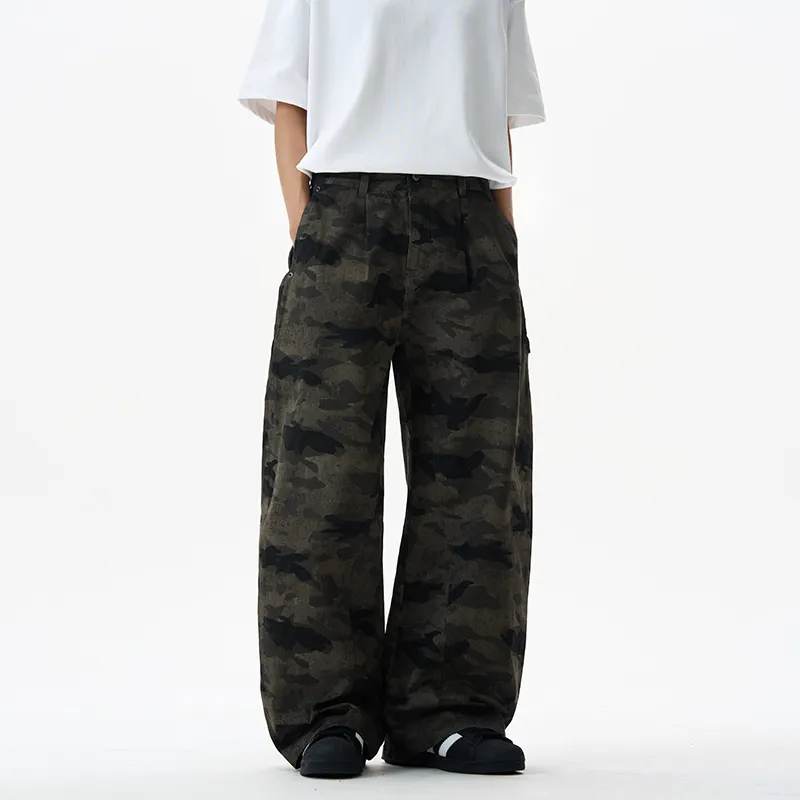 LANGWEIZHE Patchwork Design Premium Woodland Pants Versatile Loose Fit Scimitar Jeans Unisex-4