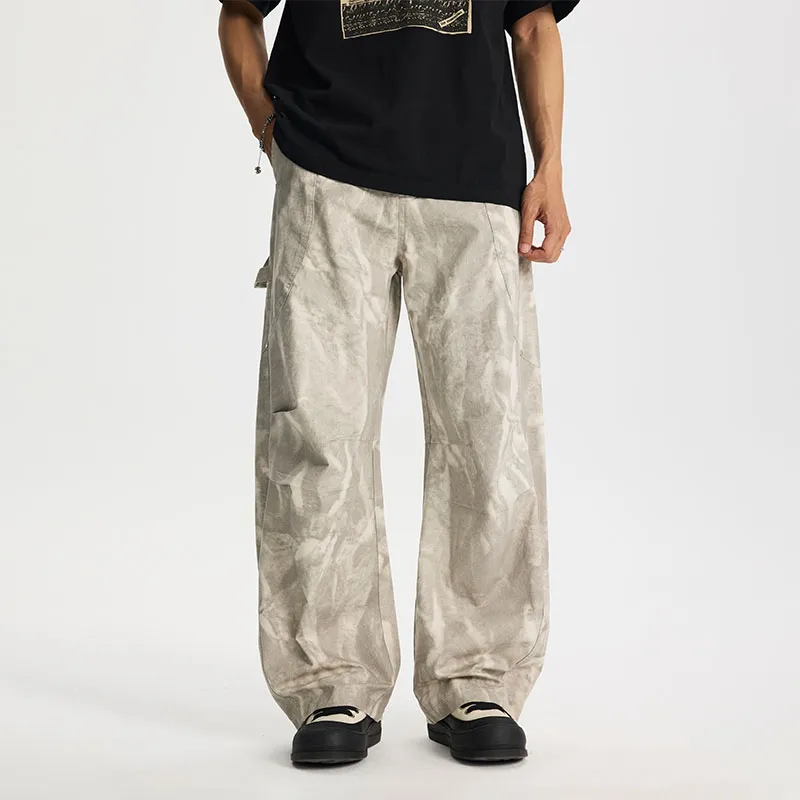 LANGWEIZHE Patchwork Design Premium Parachute Logging Pants Versatile Loose Fit Distressed Pants Unisex-13