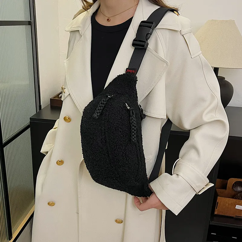 Yalu Plush Waist Bag Chest Bag Women's Ecru/Black/Khaki/Pink/Brown-10