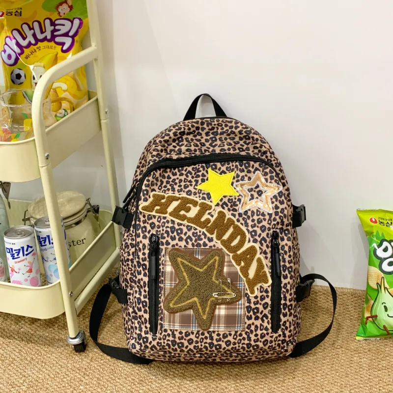 Yalu Nylon Fabric Backpack Women's Brown/Leopard Print/Red-5