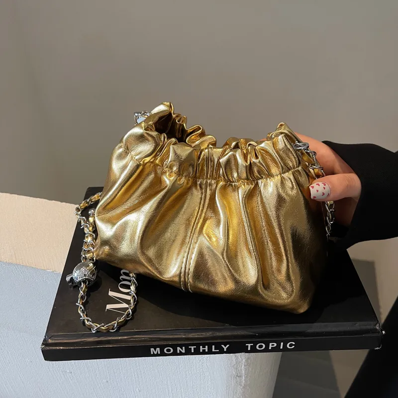 Yalu PU Pleated Shoulder Bag, Crossbody Bag Women's Gold/Silver-6