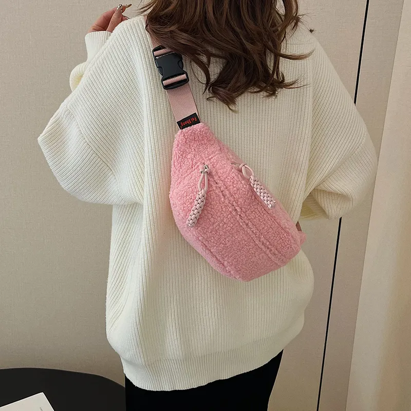 Yalu Plush Waist Bag Chest Bag Women's Ecru/Black/Khaki/Pink/Brown-20