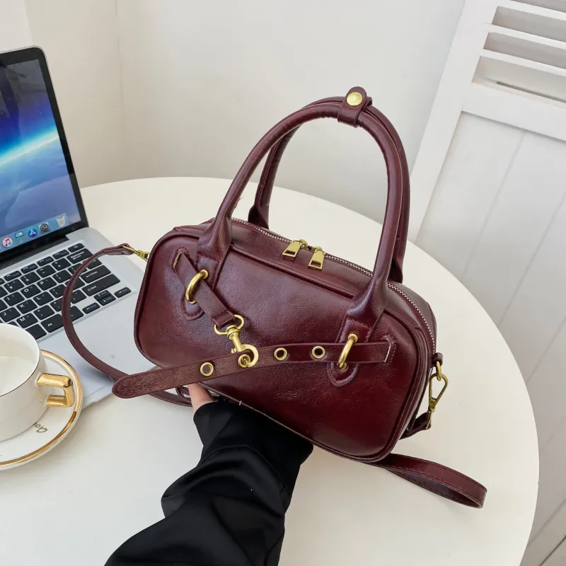 Yalu PU Bowling Bag, Handbag Women's Burgundy/Black/Coffee/Brown-3