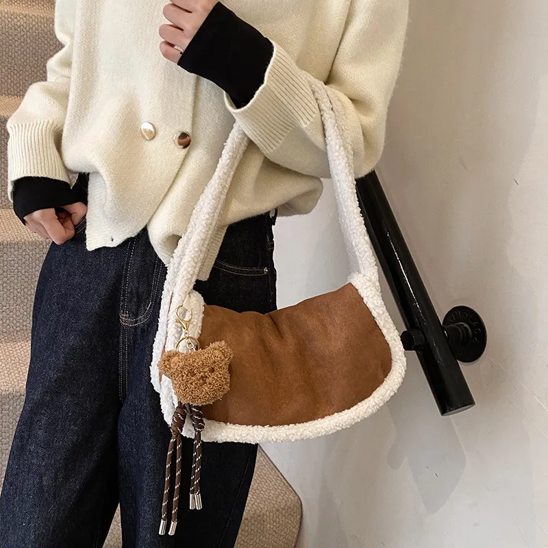 Yalu Suede Shoulder Bag Regular Women's Ecru/Light Brown/Coffee-9