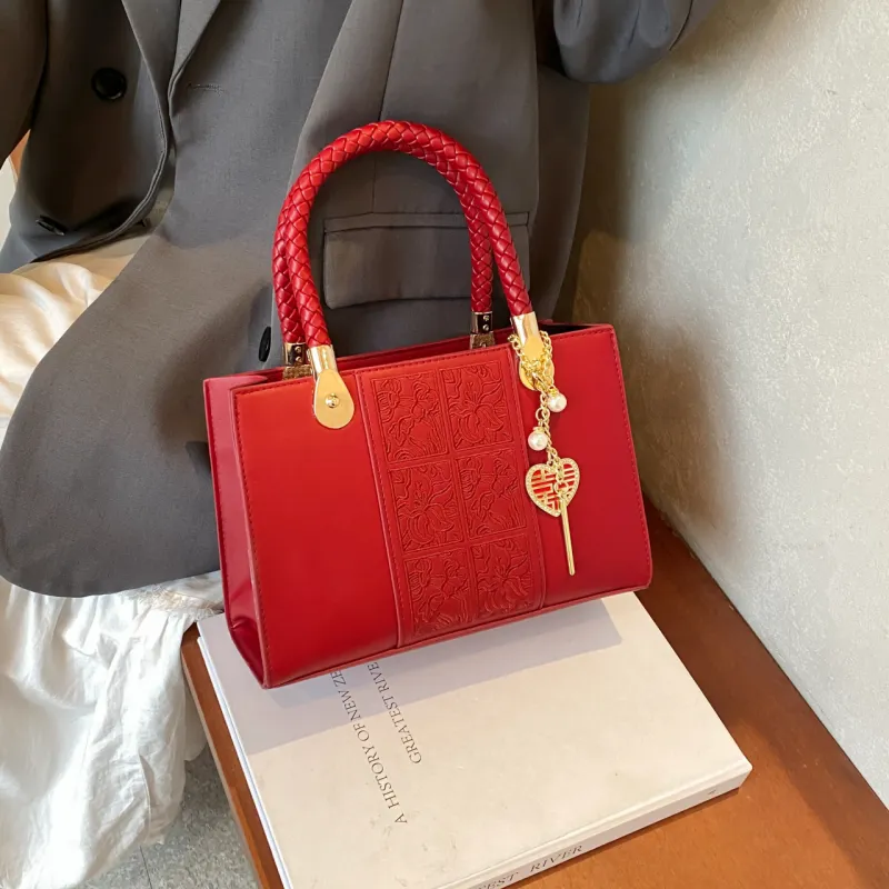 Yalu PU Handbag, Shoulder Bag, Crossbody Bag Regular Women's Black/Red Rust Stitching/Contrasting Red/Ecru-4