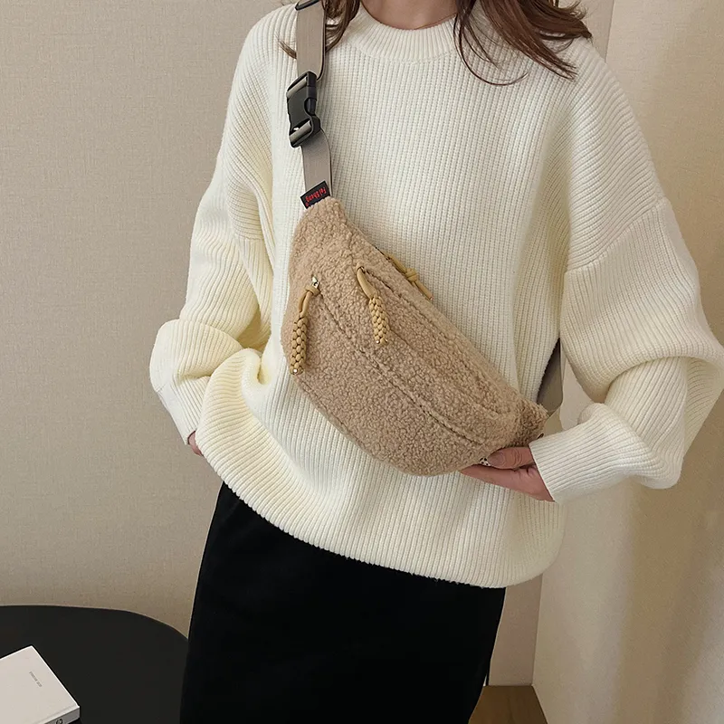 Yalu Plush Waist Bag Chest Bag Women's Ecru/Black/Khaki/Pink/Brown-15