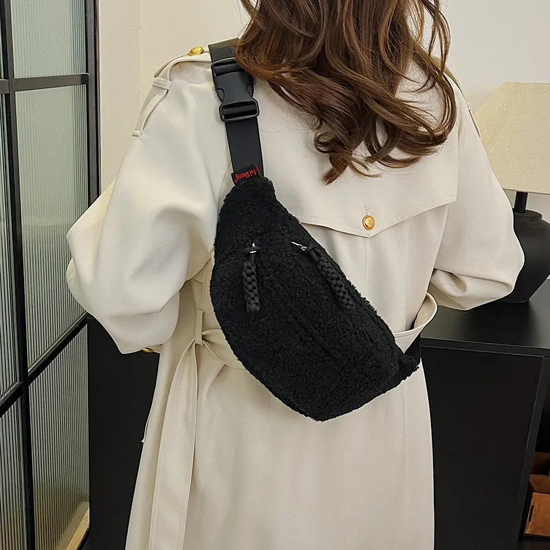 Yalu Plush Waist Bag Chest Bag Women's Ecru/Black/Khaki/Pink/Brown-7