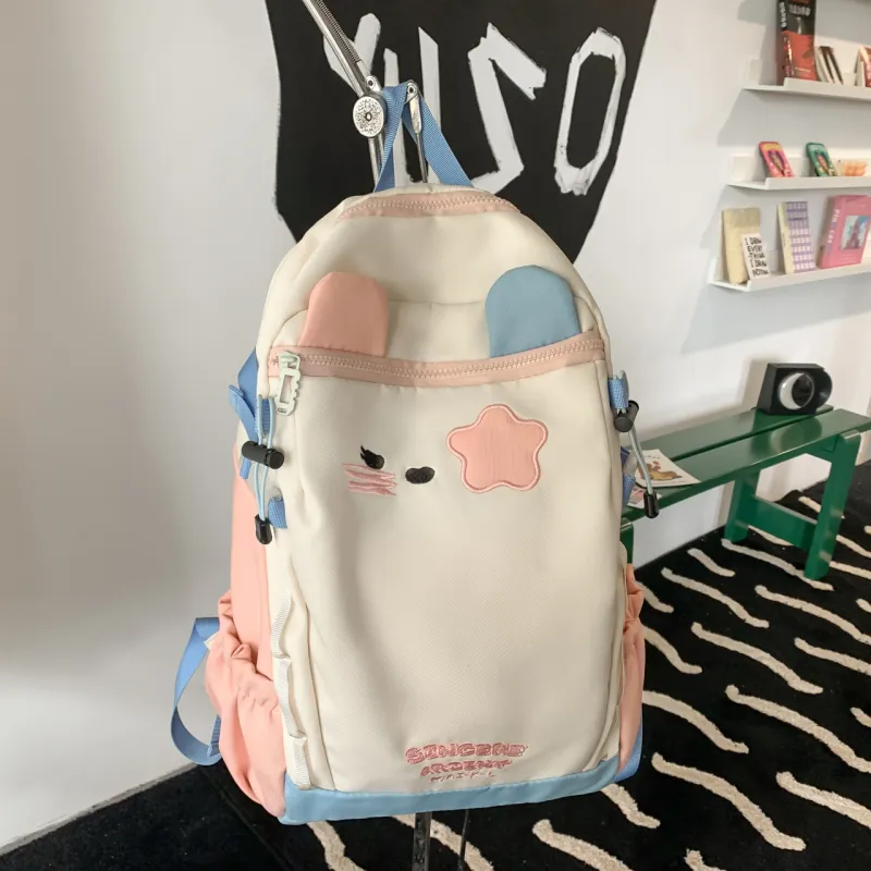 Yalu Nylon Material Backpack Women's Brown/Blue & Pink-6