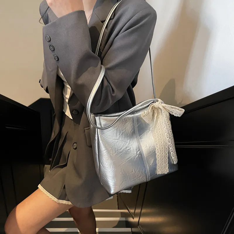 Yalu PU Shoulder Bag Regular Women's Black/Ecru/Pink/Silver/Blue-17