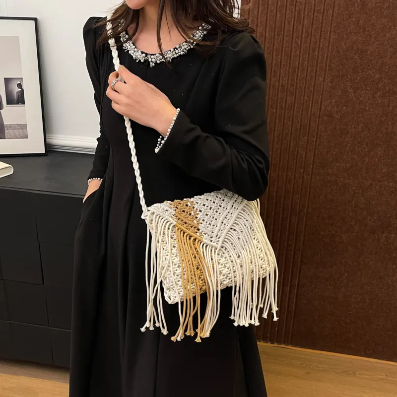 Yalu Woven Shoulder Bag, Crossbody Bag Women's White/Khaki-2