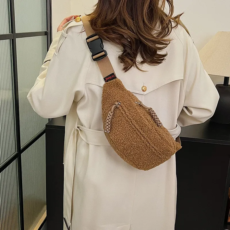 Yalu Plush Waist Bag Chest Bag Women's Ecru/Black/Khaki/Pink/Brown-25