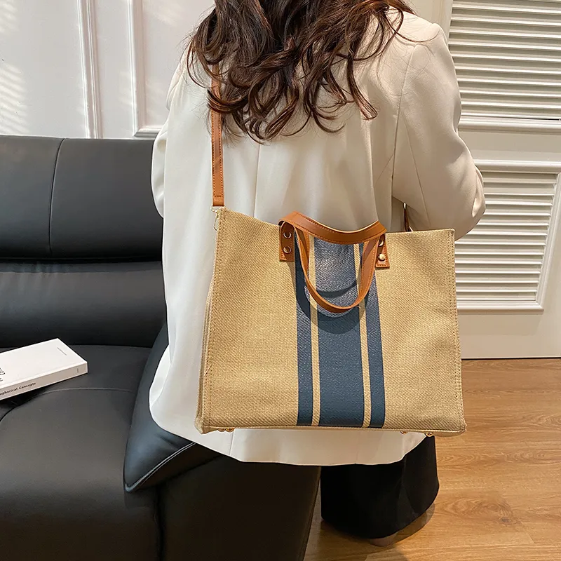 Yalu Cotton Linen Blend Tote Bag, Shopping Bag, Shoulder Bag, Handbag Women's Black/Blue/Black Zipper/Blue Zipper-10
