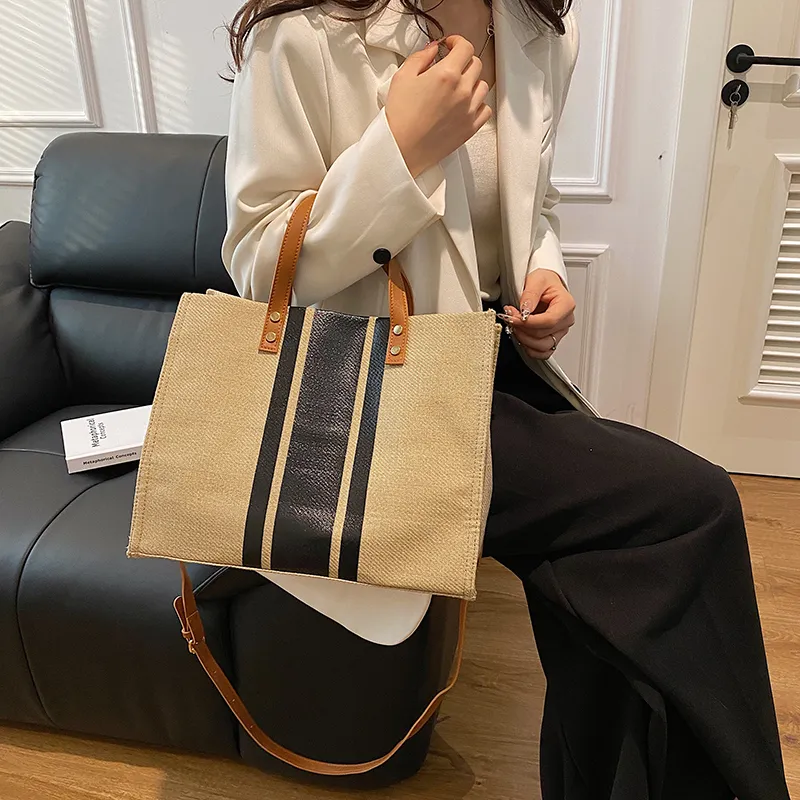 Yalu Cotton Linen Blend Tote Bag, Shopping Bag, Shoulder Bag, Handbag Women's Black/Blue/Black Zipper/Blue Zipper-5
