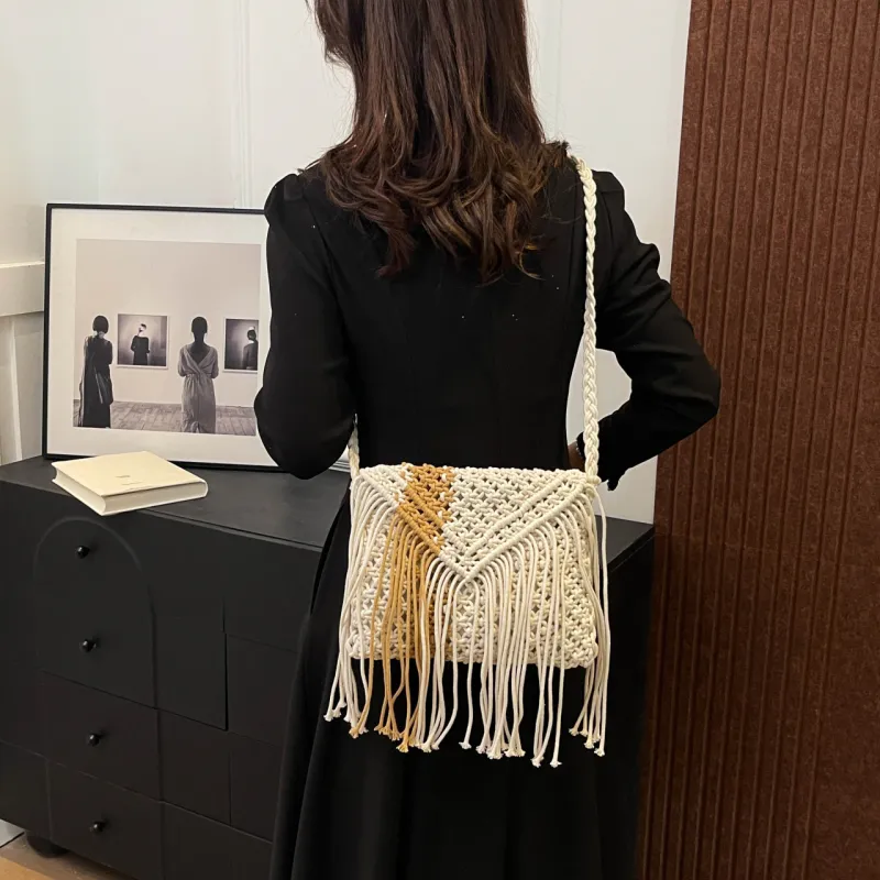 Yalu Woven Shoulder Bag, Crossbody Bag Women's White/Khaki-3