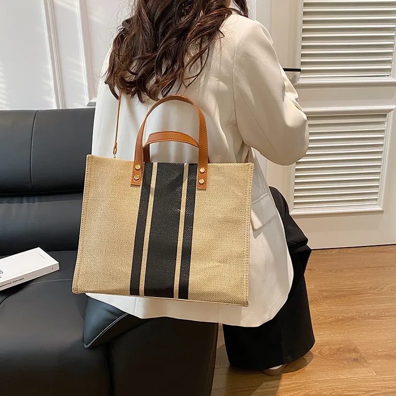 Yalu Cotton Linen Blend Tote Bag, Shopping Bag, Shoulder Bag, Handbag Women's Black/Blue/Black Zipper/Blue Zipper-3