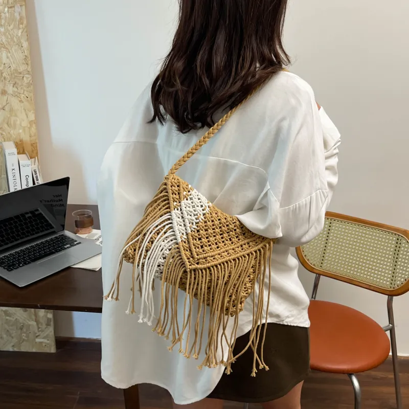Yalu Woven Shoulder Bag, Crossbody Bag Women's White/Khaki-11