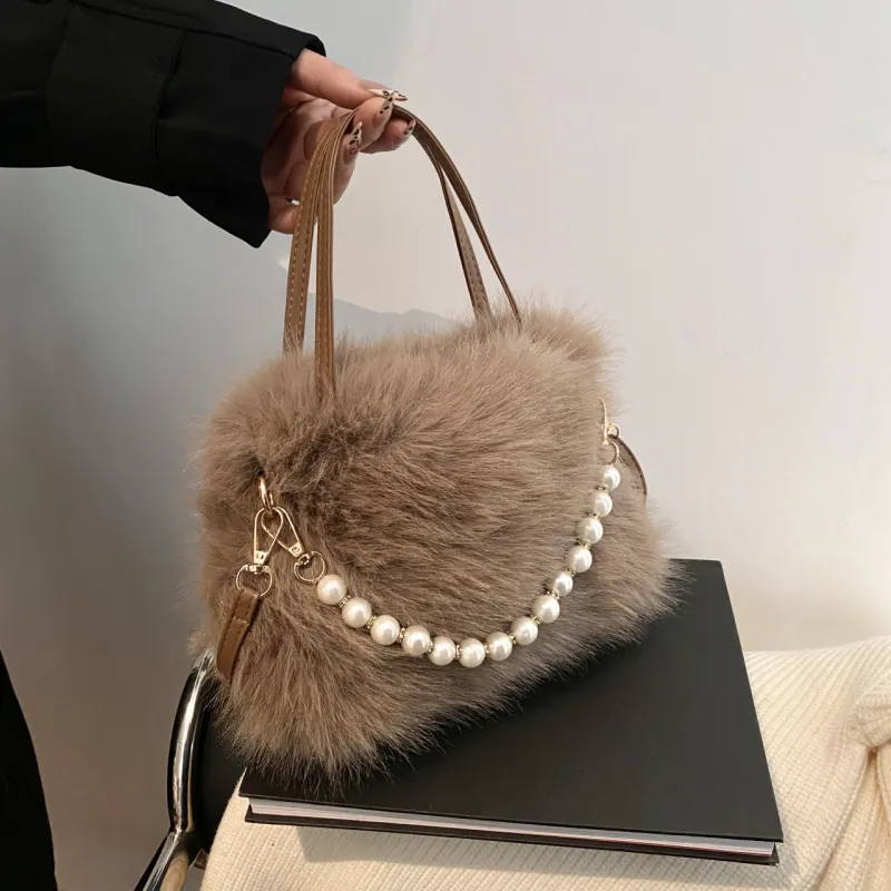 Yalu Plush Handbag, Shoulder Bag Regular Women's White/Light Khaki/Pink/Gray/Dark Khaki/Black-4