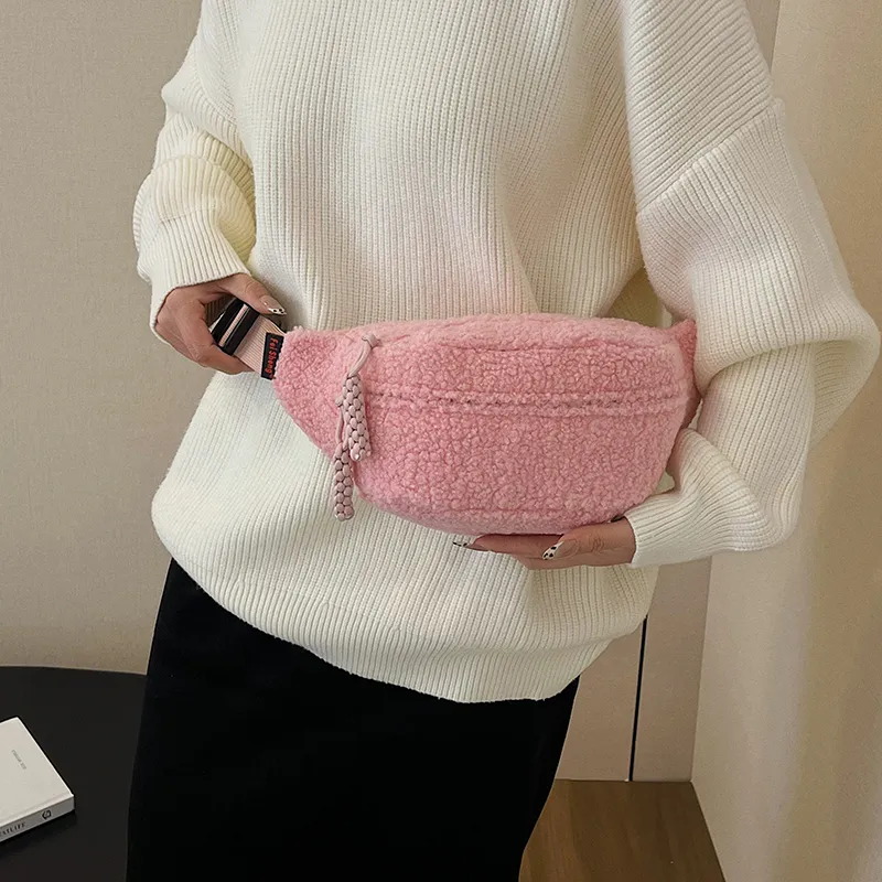 Yalu Plush Waist Bag Chest Bag Women's Ecru/Black/Khaki/Pink/Brown-21