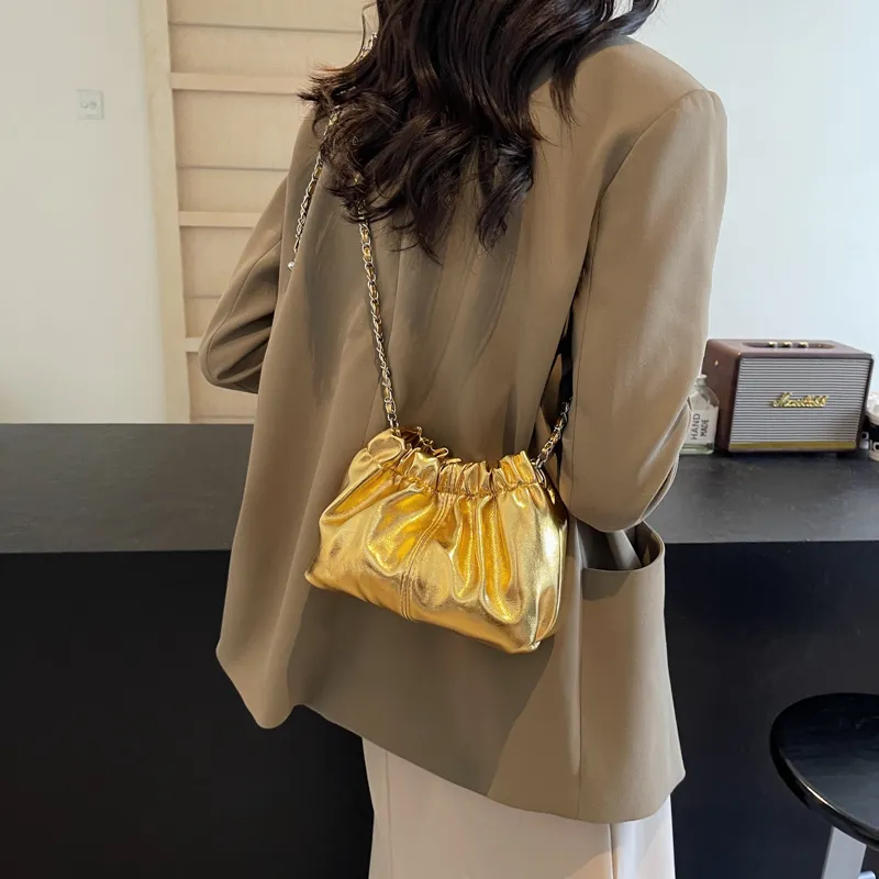Yalu PU Pleated Shoulder Bag, Crossbody Bag Women's Gold/Silver-4