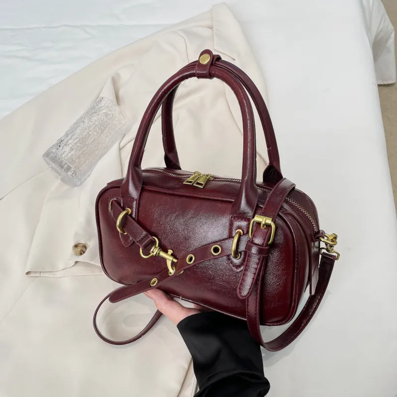 Yalu PU Bowling Bag, Handbag Women's Burgundy/Black/Coffee/Brown-2