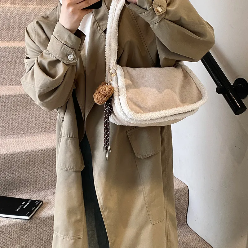 Yalu Suede Shoulder Bag Regular Women's Ecru/Light Brown/Coffee-5