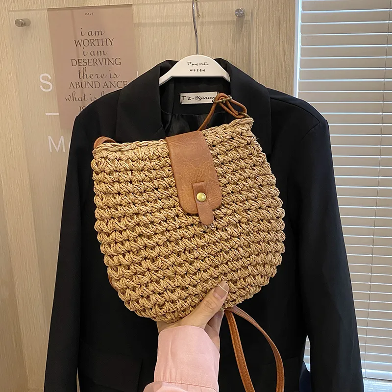 Yalu Straw Woven Shoulder Bag Women's Khaki-2