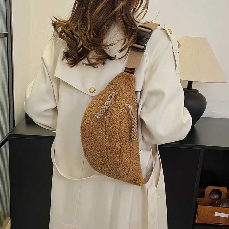 Yalu Plush Waist Bag Chest Bag Women's Ecru/Black/Khaki/Pink/Brown-28