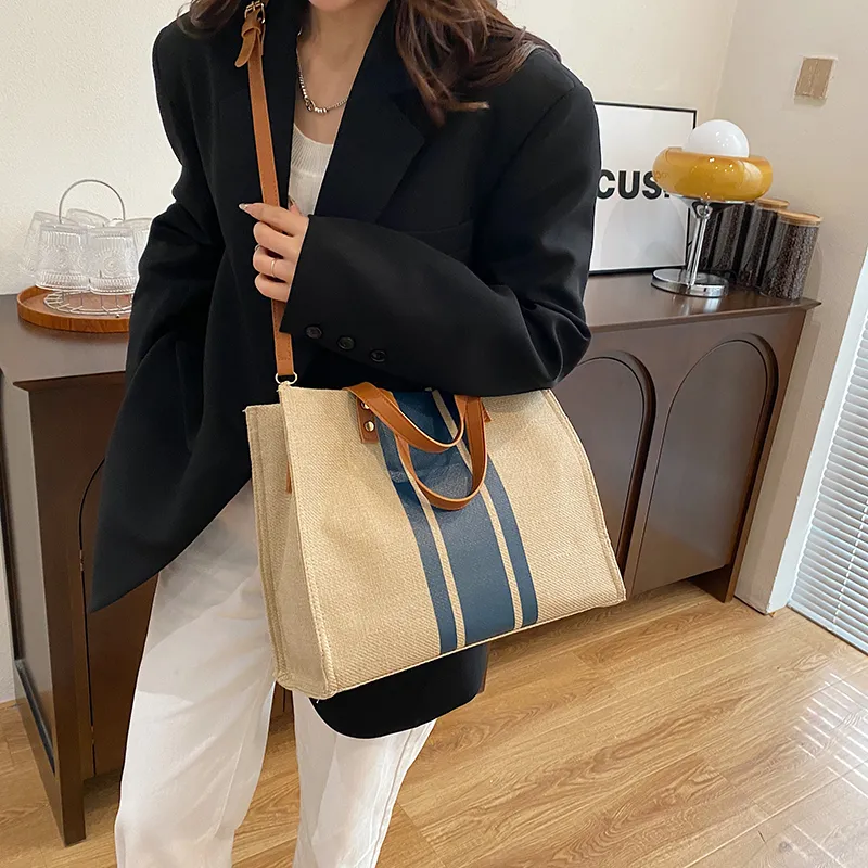 Yalu Cotton Linen Blend Tote Bag, Shopping Bag, Shoulder Bag, Handbag Women's Black/Blue/Black Zipper/Blue Zipper-13
