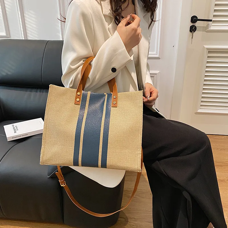 Yalu Cotton Linen Blend Tote Bag, Shopping Bag, Shoulder Bag, Handbag Women's Black/Blue/Black Zipper/Blue Zipper-9
