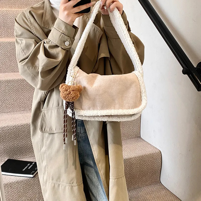 Yalu Suede Shoulder Bag Regular Women's Ecru/Light Brown/Coffee-2