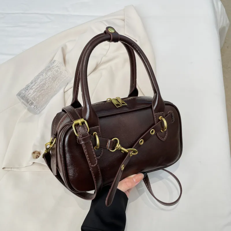 Yalu PU Bowling Bag, Handbag Women's Burgundy/Black/Coffee/Brown-10
