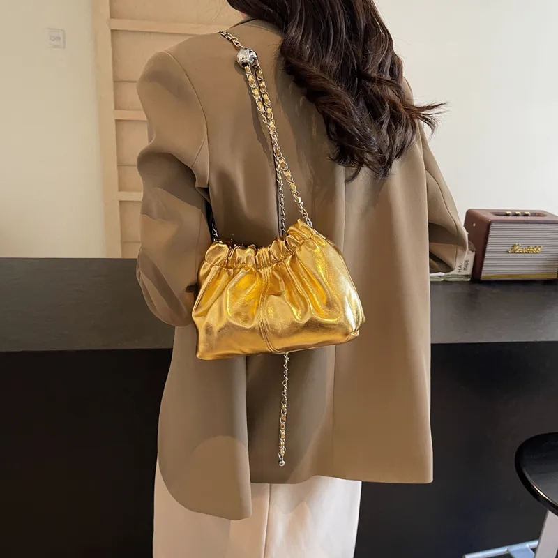 Yalu PU Pleated Shoulder Bag, Crossbody Bag Women's Gold/Silver-2