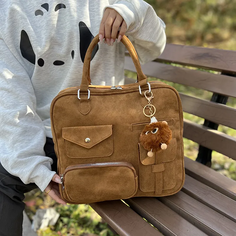 Yalu Leather Velvet Backpack Regular Women's Yellow/Dark Brown-3