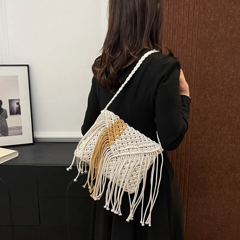 Yalu Woven Shoulder Bag, Crossbody Bag Women's White/Khaki-4