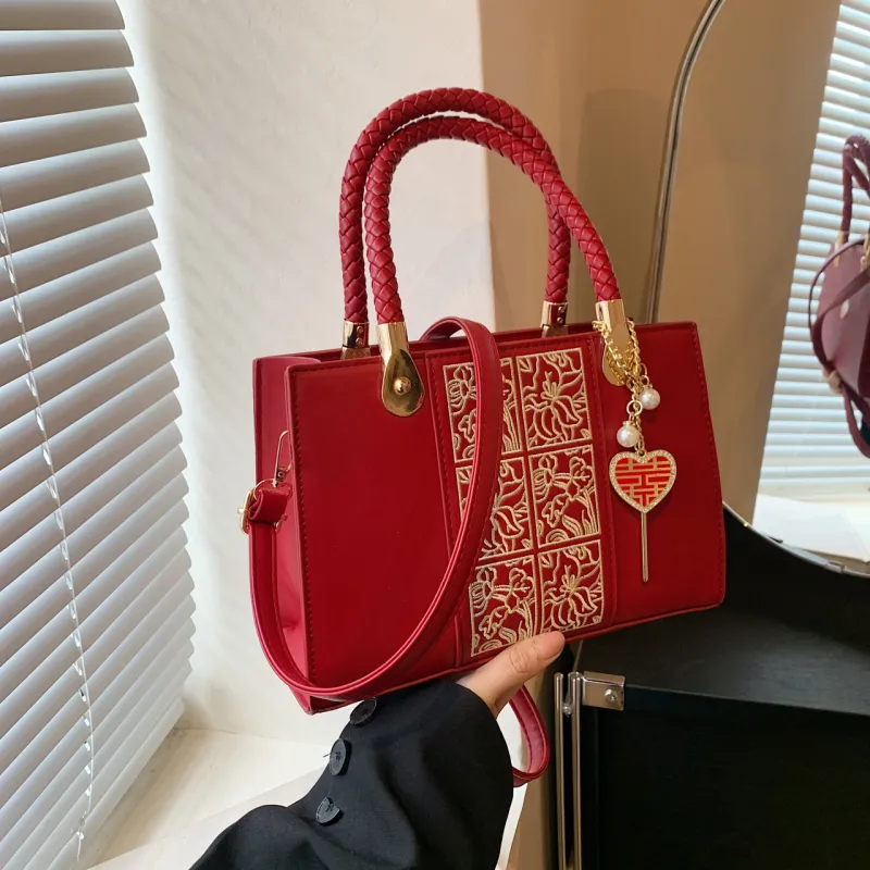 Yalu PU Handbag, Shoulder Bag, Crossbody Bag Regular Women's Black/Red Rust Stitching/Contrasting Red/Ecru-6