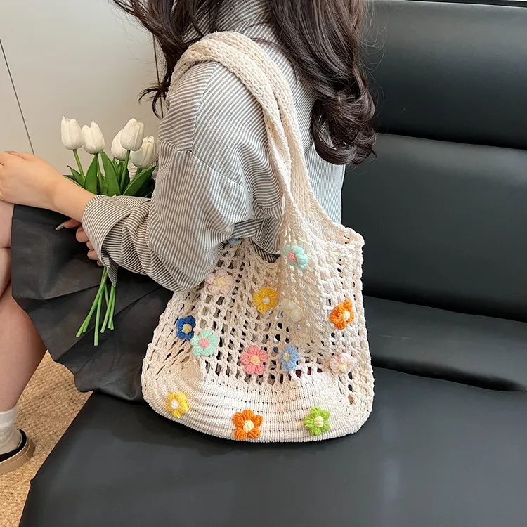 Yalu Chunky Yarn Woven Handbag, Shoulder Bag Women's White/Khaki-1